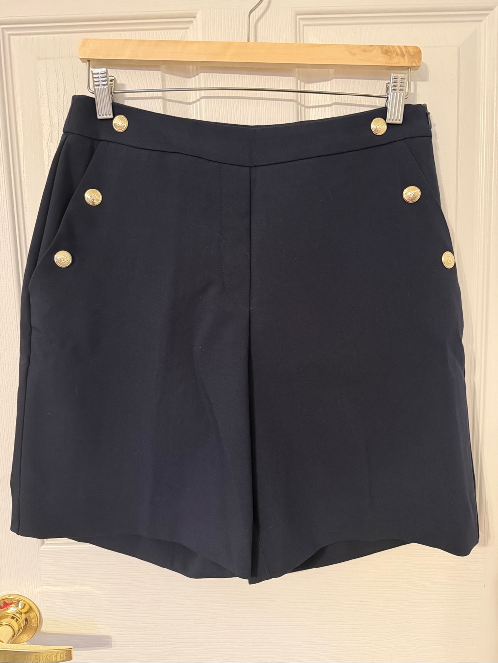 High-Waist Navy Dress Shorts with Gold Button Detail